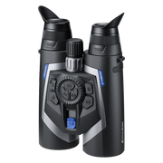 Black binoculars with digital display on a white background