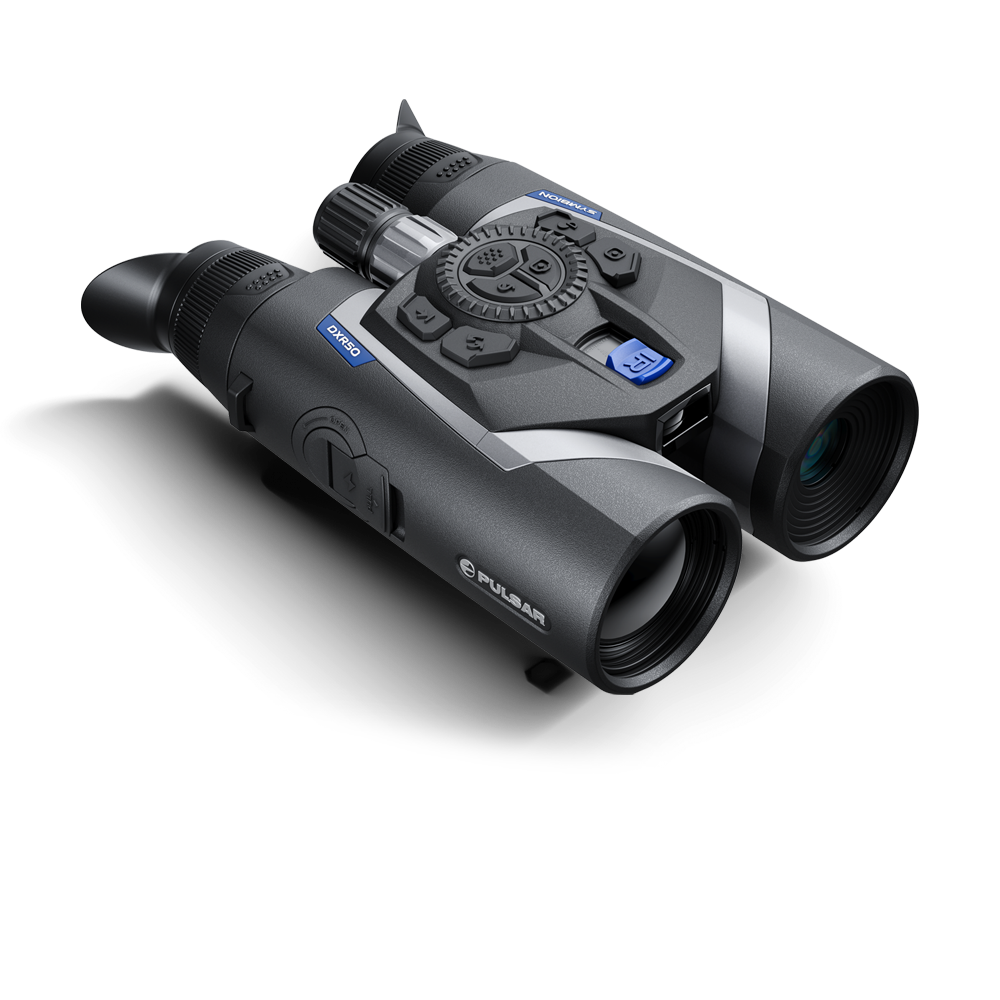 Pair of binoculars with digital display on a white background