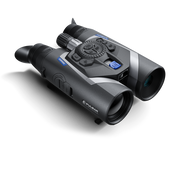 Pair of binoculars with digital display on a white background