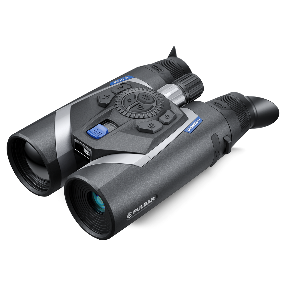 Binoculars with digital display and Pulsar branding on a white background