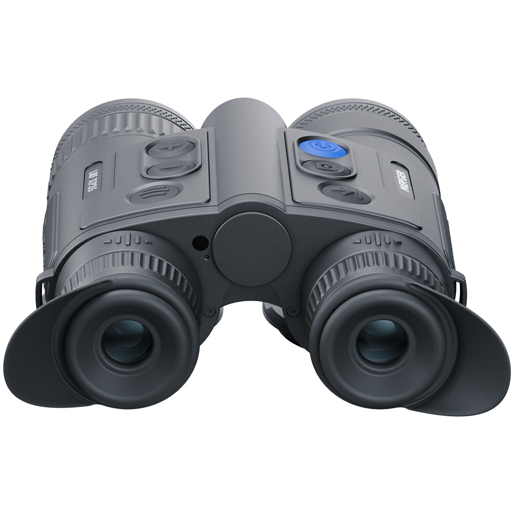 Black binoculars with digital display on a white background