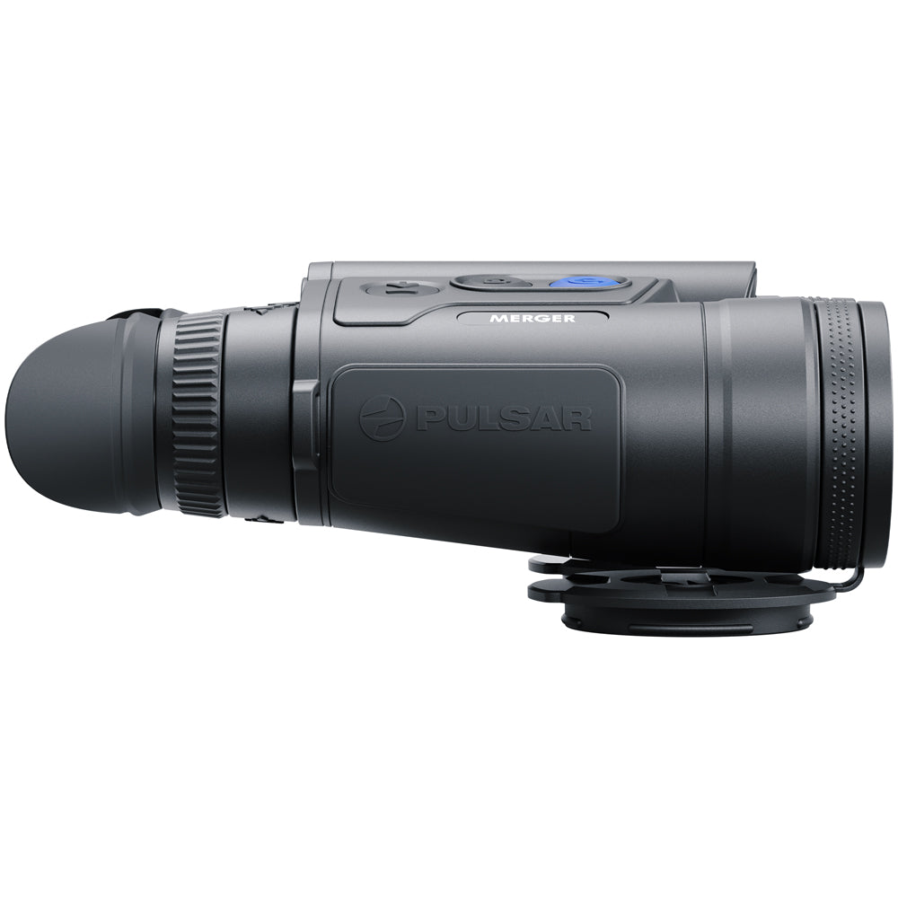 A black Pulsar Merger thermal monocular rifle scope shown from a side profile view against a solid white background.