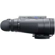 A black Pulsar Merger thermal monocular rifle scope shown from a side profile view against a solid white background.