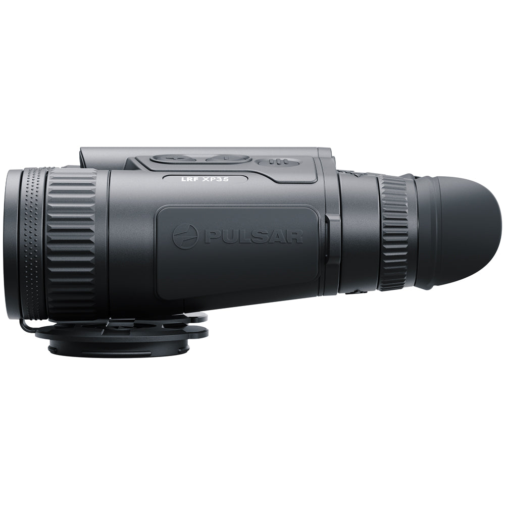 Pulsar LRF XP35 laser rangefinder in matte black, shown from a side profile view against a solid white background.