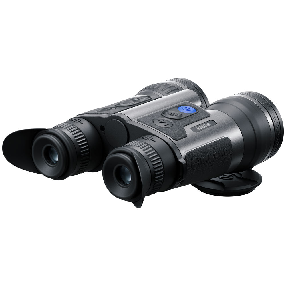 A pair of black and gray night vision binoculars with a blue power button, shown on a plain white background.