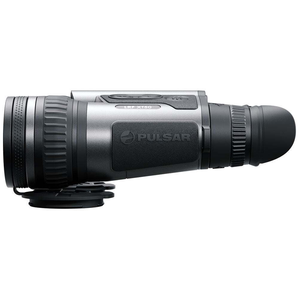 A Pulsar thermal monocular camera shown in profile against a solid white background, featuring a black and silver body with a mounting base attached.