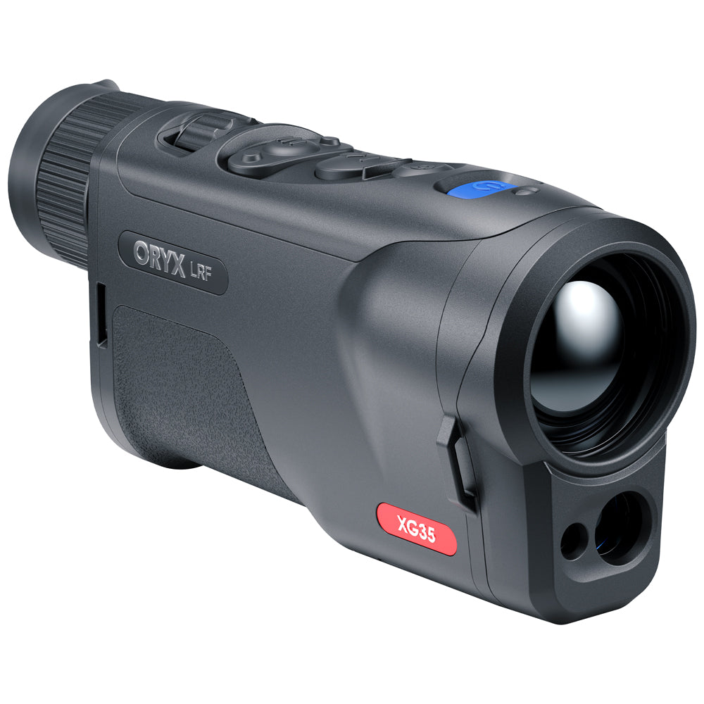 A black ORYX LRF XG48 laser rangefinder shown at a three-quarter angle on a solid white background.