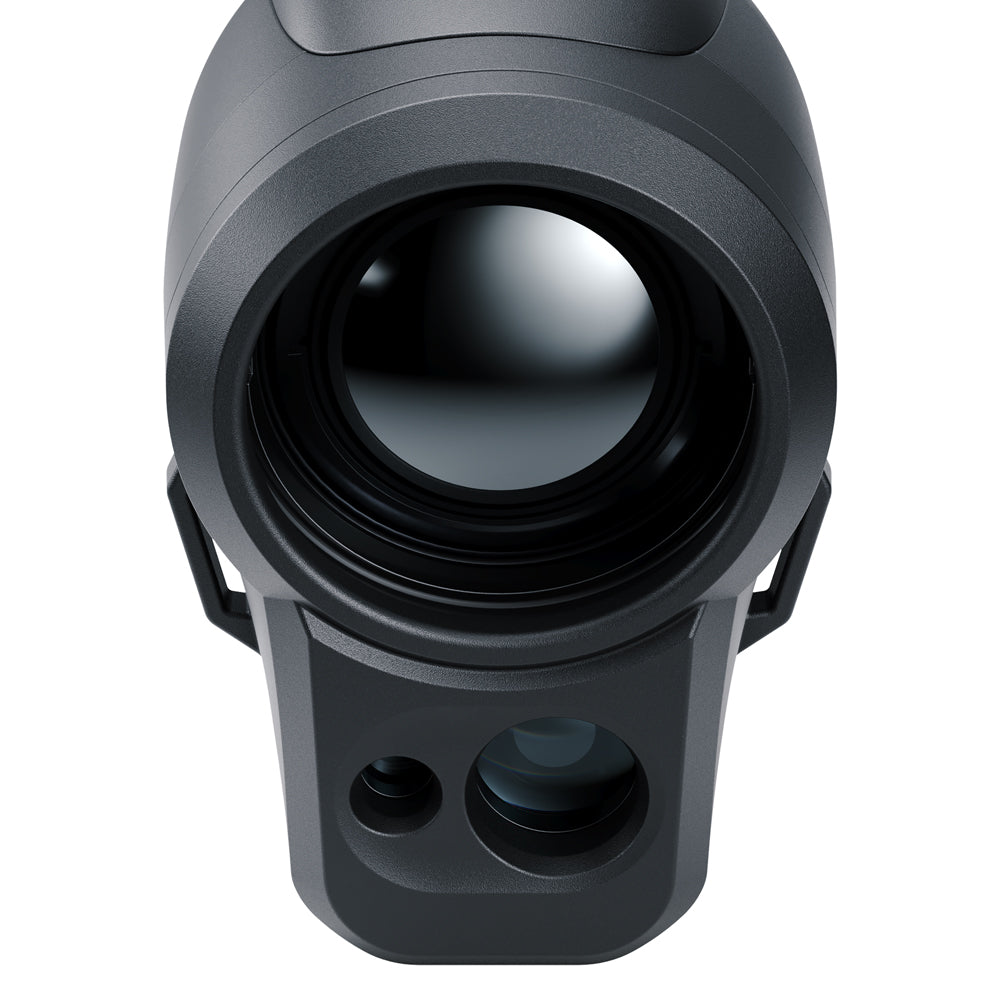 Close-up of a black laser rangefinder on a white background