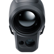 Close-up of a black laser rangefinder on a white background