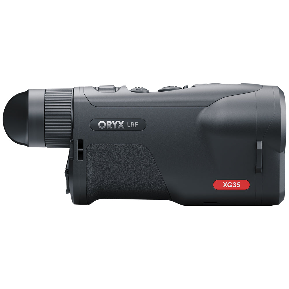 A black Oryx LRF XG35 laser rangefinder shown from a side profile view against a solid white background.