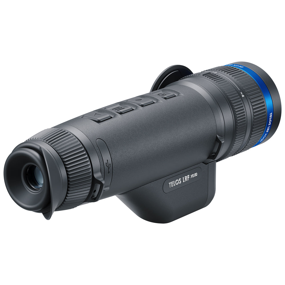 Black thermal imaging monocular with blue lens on a white background