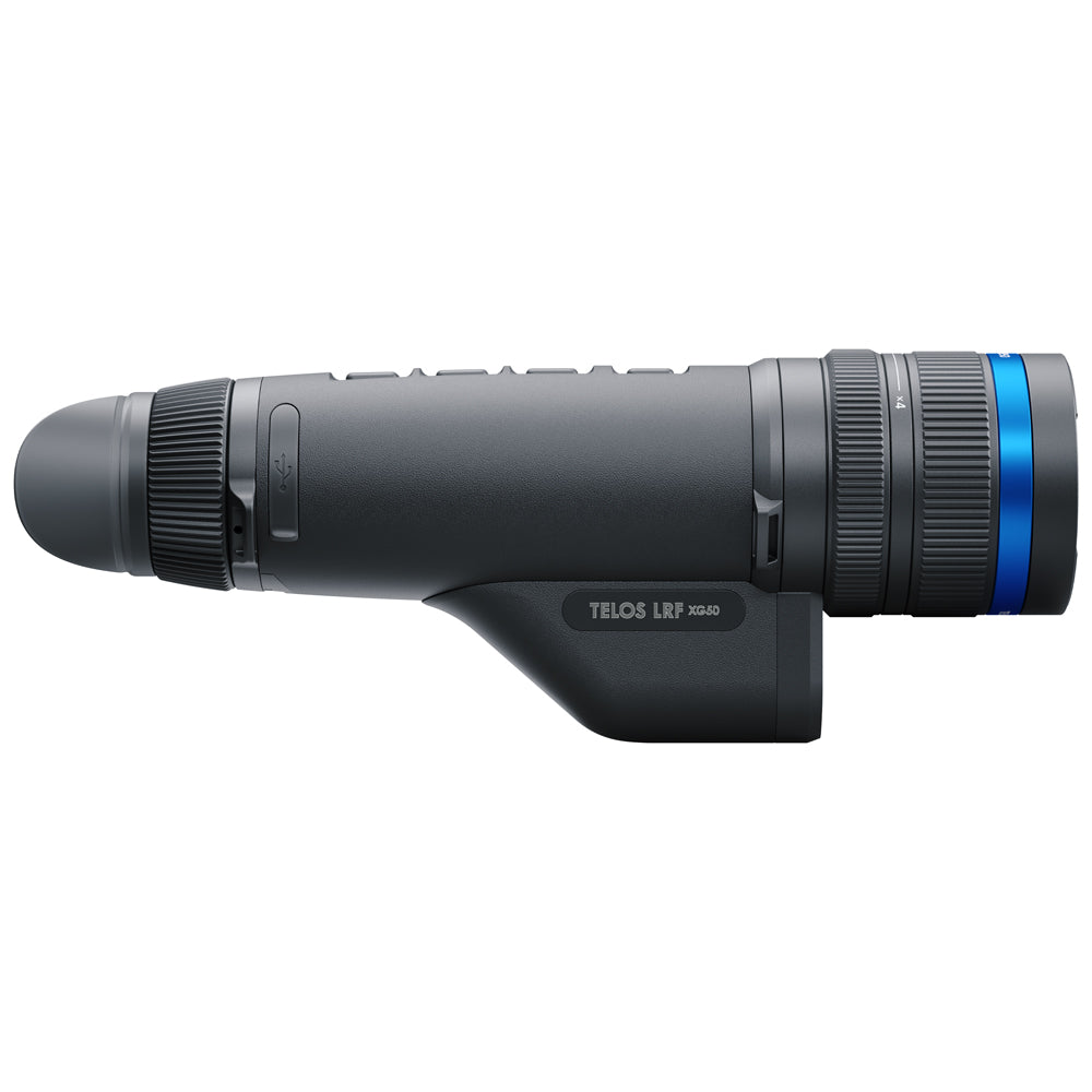 Black monocular with blue accents on a white background