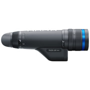 Black monocular with blue accents on a white background