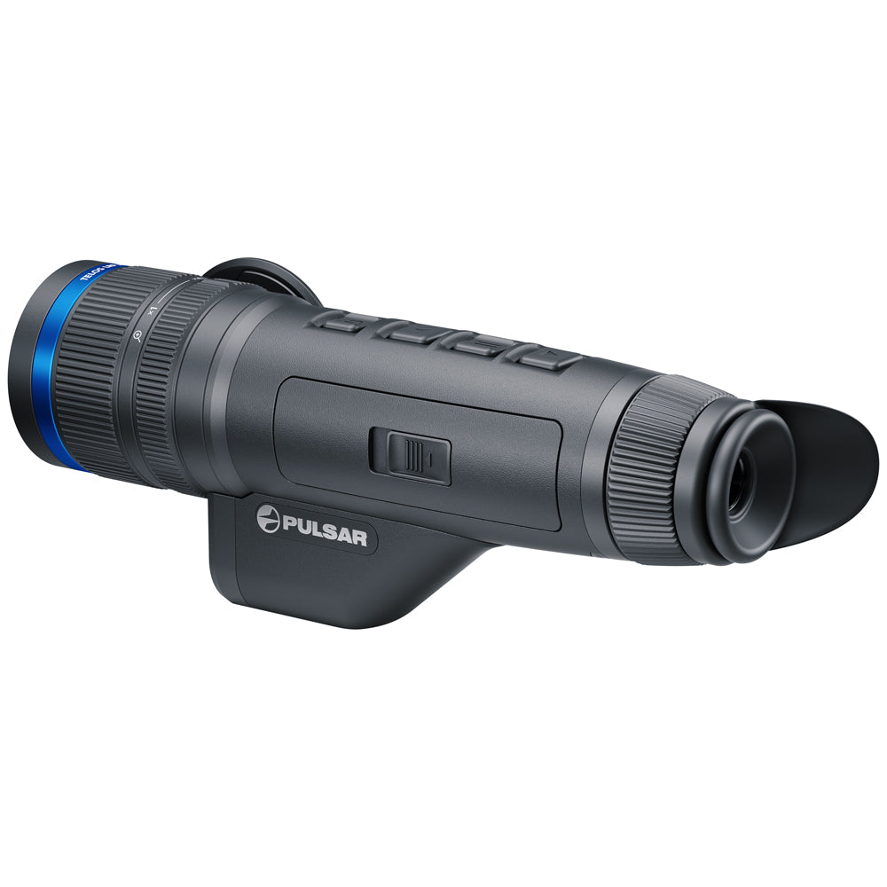 A Pulsar monocular scope in matte black with a distinctive blue accent ring near the eyepiece, shown on a clean white background.