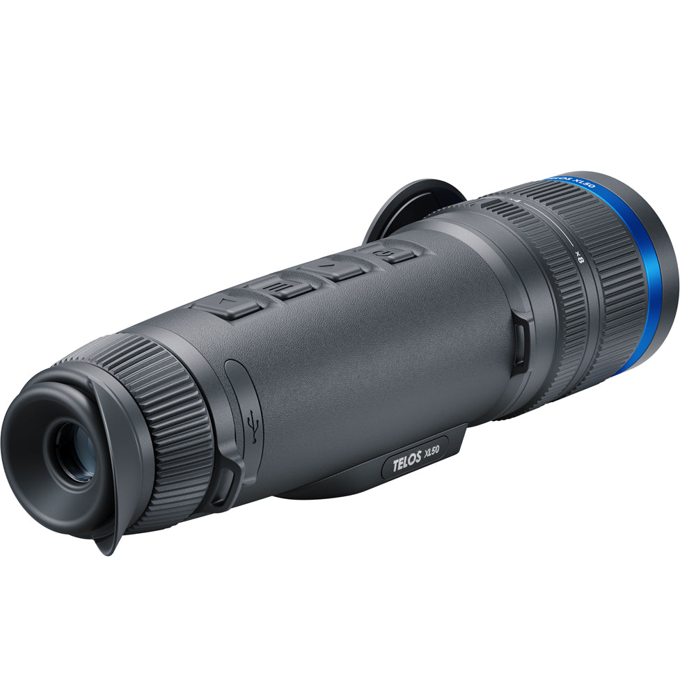 Black thermal imaging monocular with blue accents on a white background