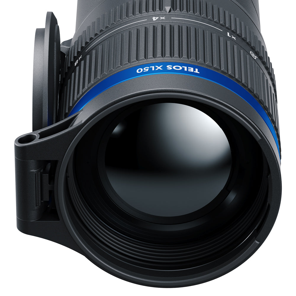 Close-up of a camera lens with 'TELOS XL50' branding on a white background