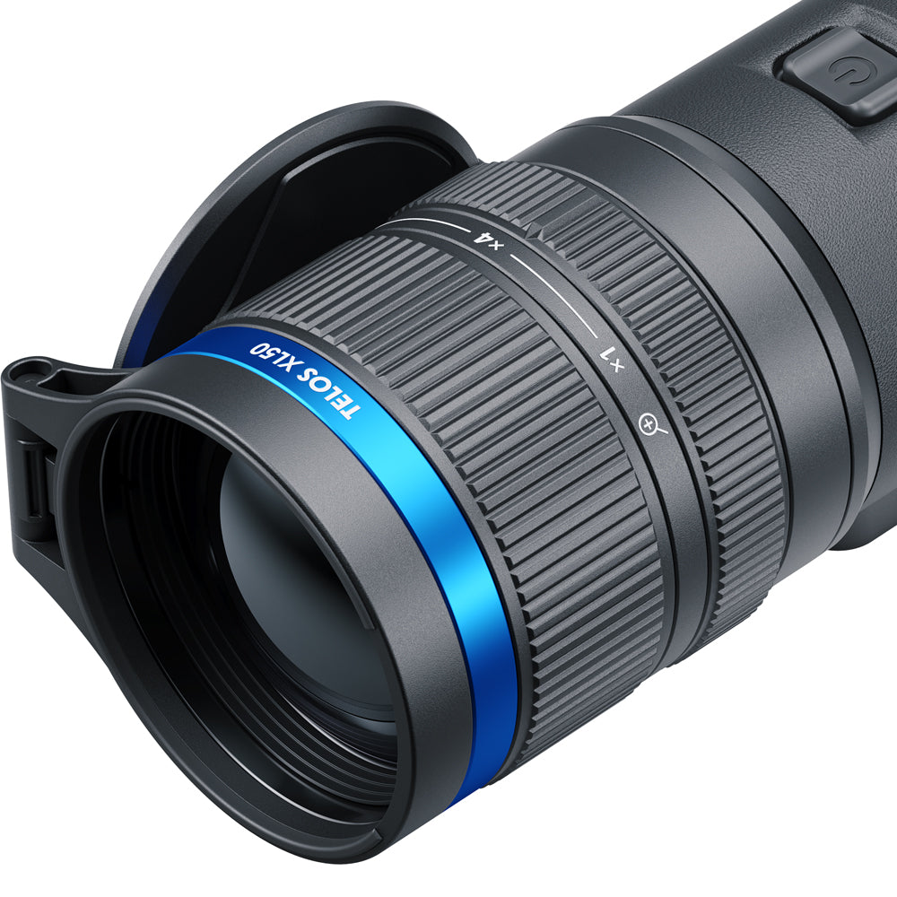 Camera lens with focus ring and brand name on a white background