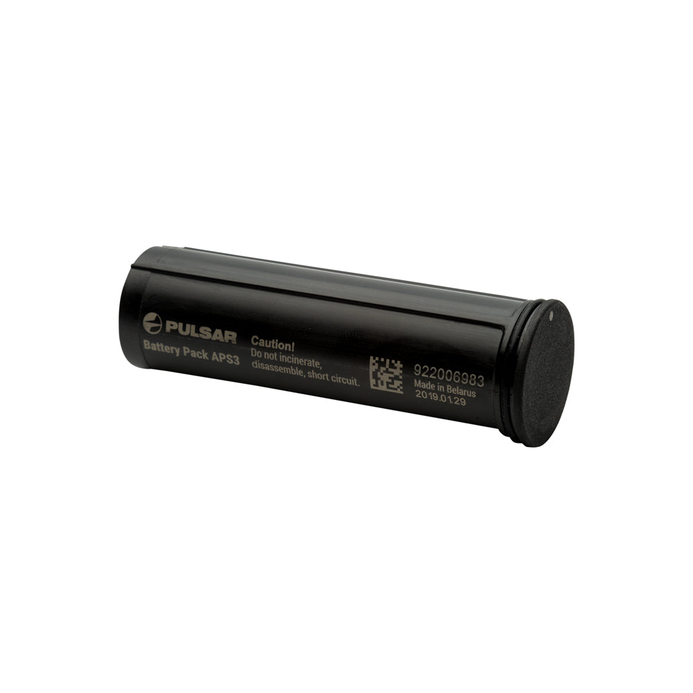 A black cylindrical Pulsar battery pack with white printed text and a QR code, shown on a plain white background.