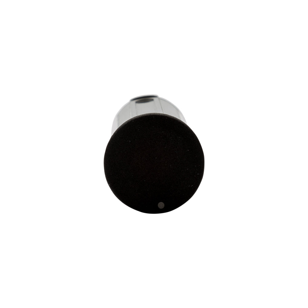 A close-up view of a cylindrical product, showing a black circular end with a small light dot and a metallic silver body, isolated on a white background.