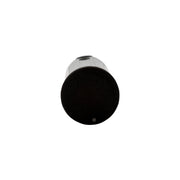 A close-up view of a cylindrical product, showing a black circular end with a small light dot and a metallic silver body, isolated on a white background.