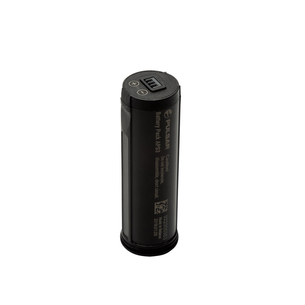 A black cylindrical portable battery with a top porting connector and printed specifications, shown on a plain white background.