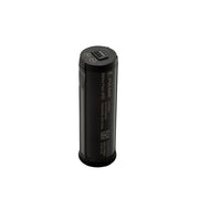 A black cylindrical portable battery with a top porting connector and printed specifications, shown on a plain white background.