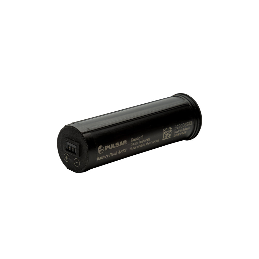 A black cylindrical Pulsar Endefit battery pack, model APF20, shown at an angle on a plain white background.