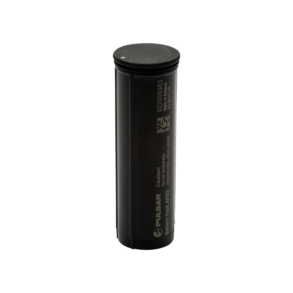 A black cylindrical replacement battery with a textured top cap, featuring white printed text and a logo on the side, set against a plain white background.