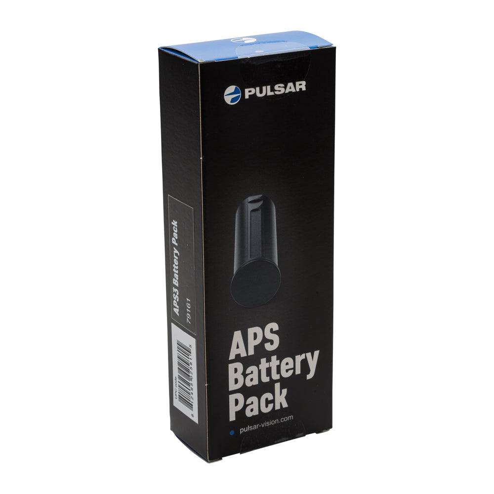 Pulsar APS Battery Pack retail box in black with a blue top flap, shown on a plain white background.