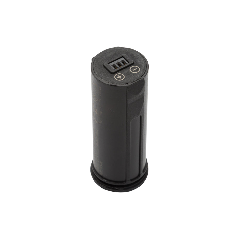 Black cylindrical battery with control buttons on a white background