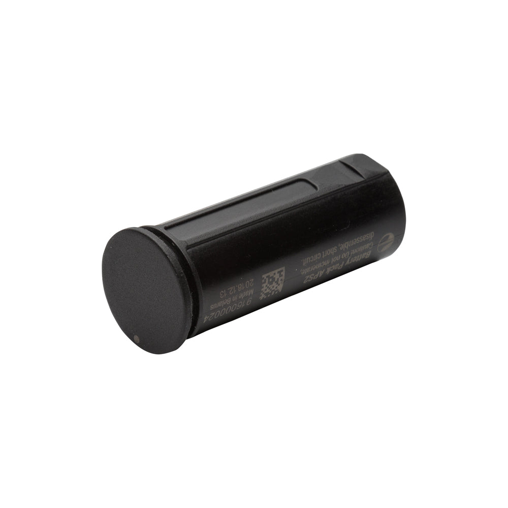 Black cylindrical object with text and a QR code on a white background