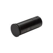 Black cylindrical object with text and a QR code on a white background