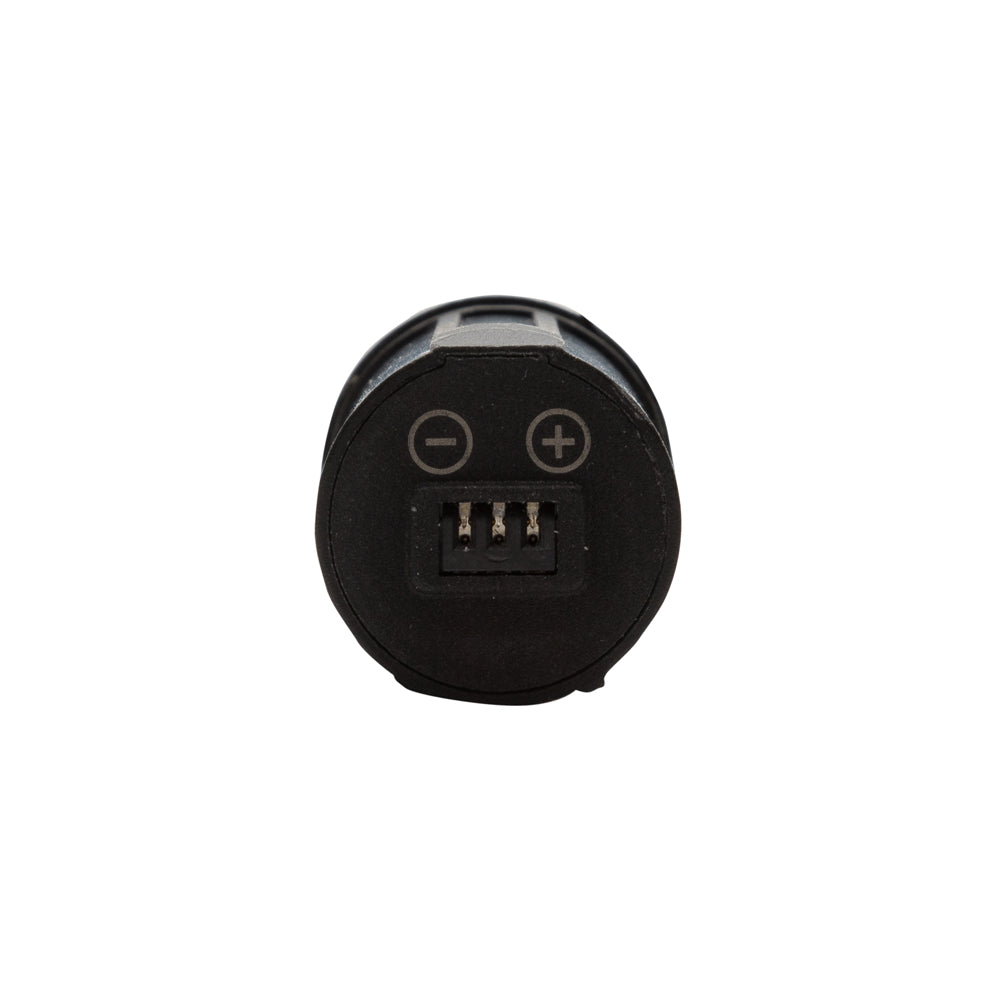 Black cylindrical object with ports on a white background
