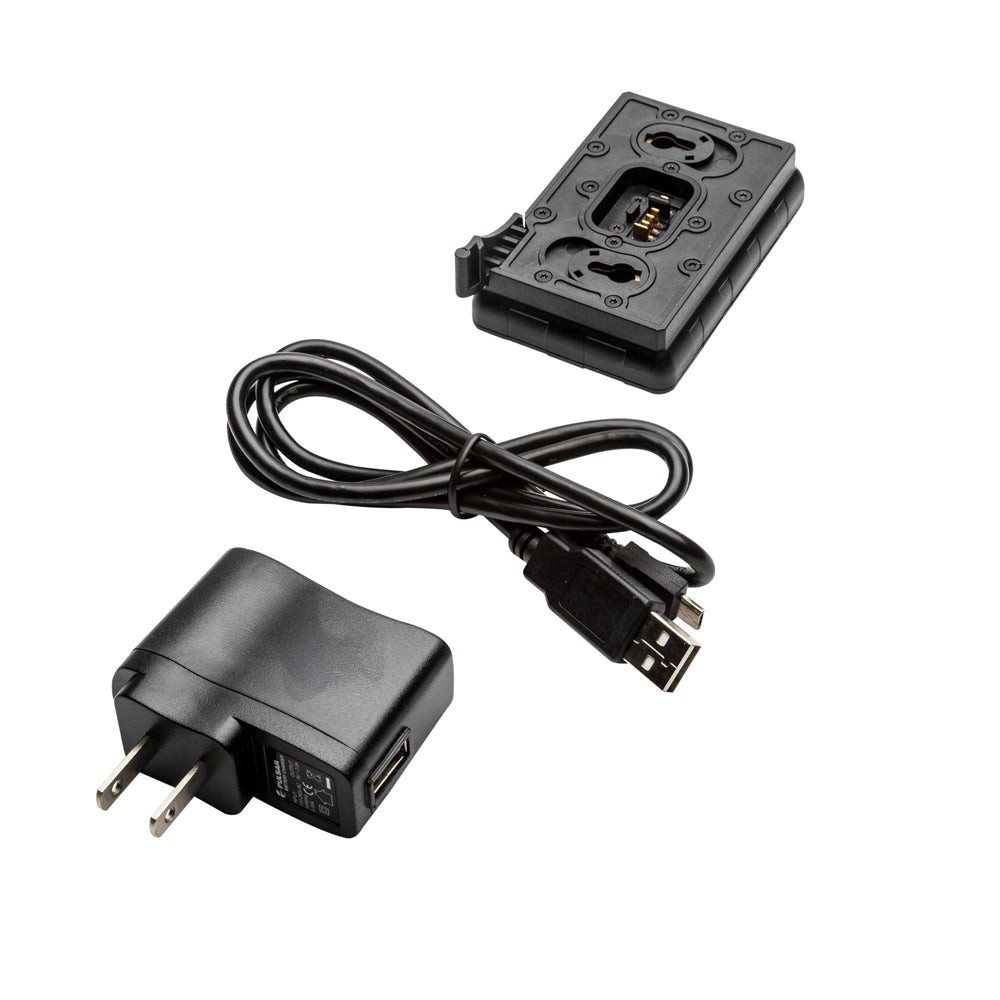 Black USB power adapter and mounting bracket kit on a white background.
