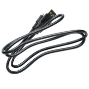 A black USB cable with a USB-A connector on one end and a USB-B connector on the other, coiled on a plain white background.