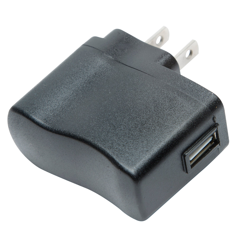 A black plastic USB wall charger plug with two metal prongs, featuring a standard USB-A port on the side, shown against a plain white background.