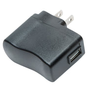 A black plastic USB wall charger plug with two metal prongs, featuring a standard USB-A port on the side, shown against a plain white background.