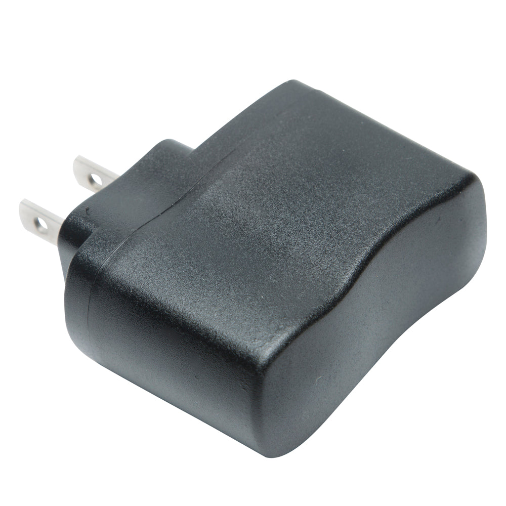 A black plastic wall charger plug with two metal prongs, shown on a plain white background.