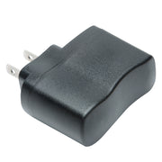 A black plastic wall charger plug with two metal prongs, shown on a plain white background.