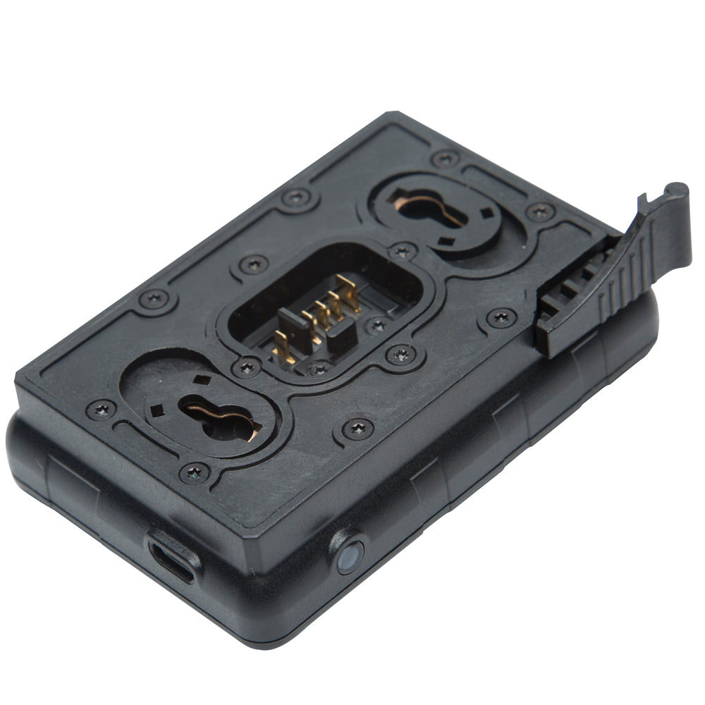 A black rugged smartphone case with a built-in clip and a gold-plated charging port, shown from an angled top-down view on a white background.