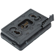 A black rugged smartphone case with a built-in clip and a gold-plated charging port, shown from an angled top-down view on a white background.