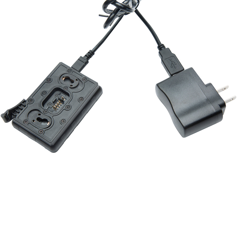 Black dual-port wireless charging dock with attached USB-C cable and wall charger plug, shown on a plain white background.