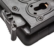 Close-up of a black plastic lockable container or case with a latch mechanism and keyhole cutout, shown on a white background.
