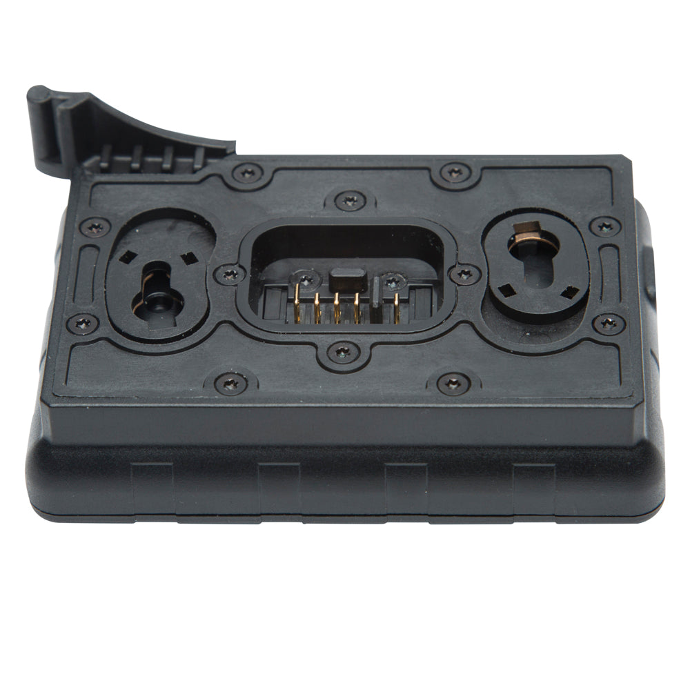 A black plastic camera battery charger or battery grip accessory with a central 5-pin connector port and two circular port openings, shown on a plain white background.