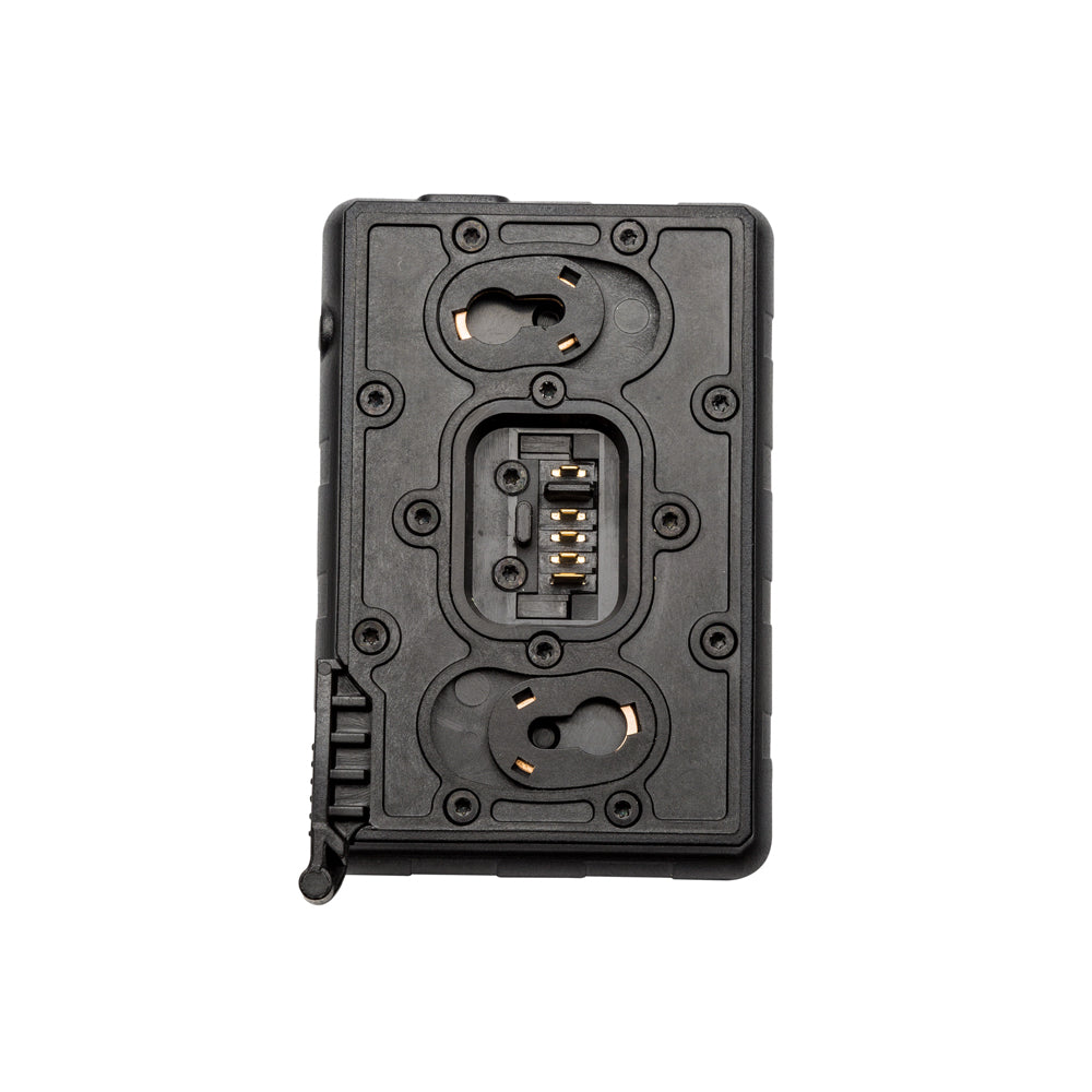 A black rugged tactical hard case with a built-in card reader or SIM card slot, shown from the back against a solid white background.
