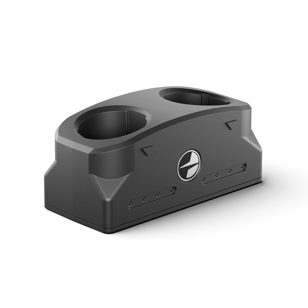 Black electronic device with a logo on a white background