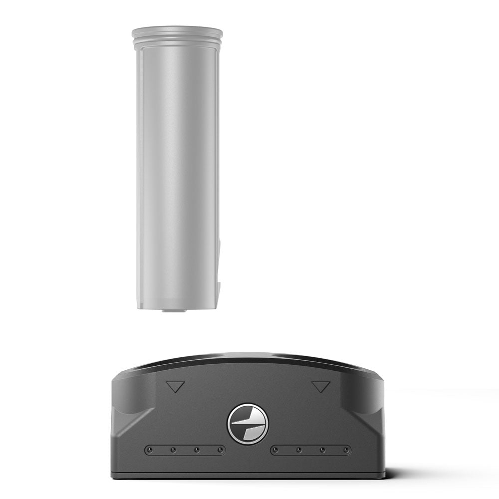 Black electronic device with cylindrical component on a white background