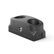 Black electronic device with two cup holders and a USB port on a white background