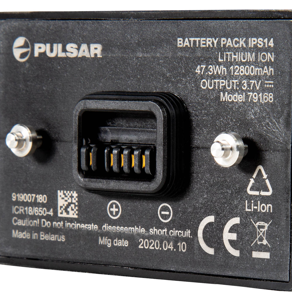 Close-up of the rear of a Pulsar IPS14 lithium-ion battery pack, showing the connector port, terminal screws, and printed specifications and safety markings.