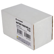 A white cardboard box for a Pulsar IPS 14 battery pack, showing the product label with barcode and specifications on a white background.